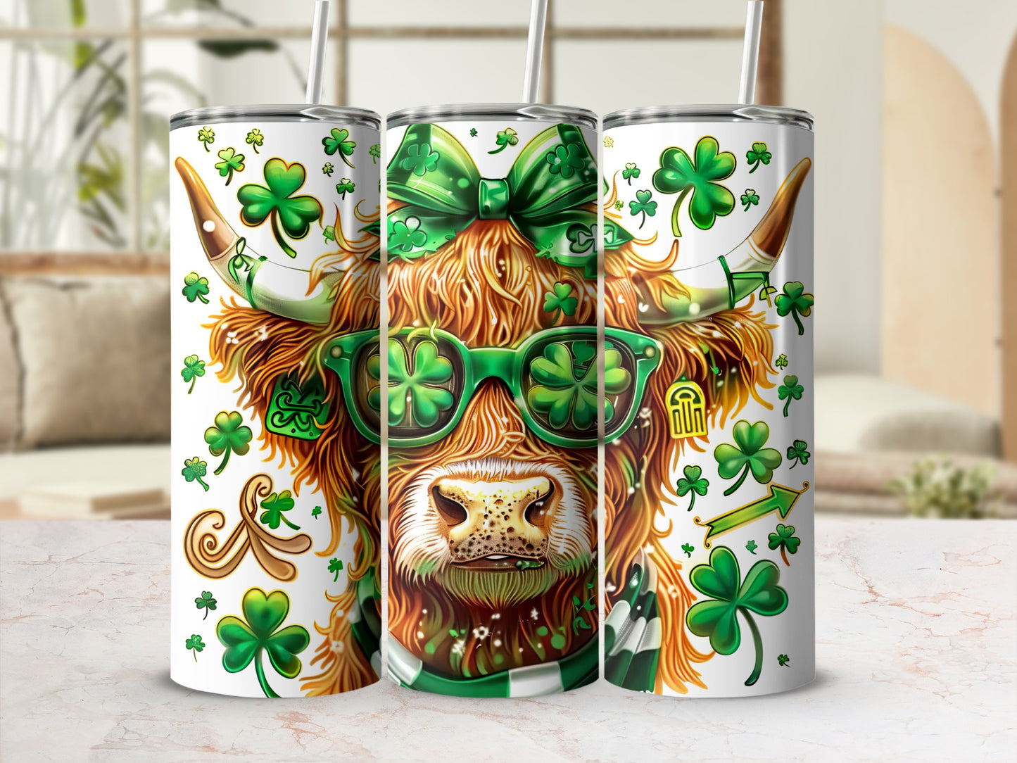 Highland cow wearing shamrock sunglasses and green bow, on St. Patrick's Day tumbler.