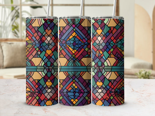 Three tumblers with colorful stained glass geometric pattern.