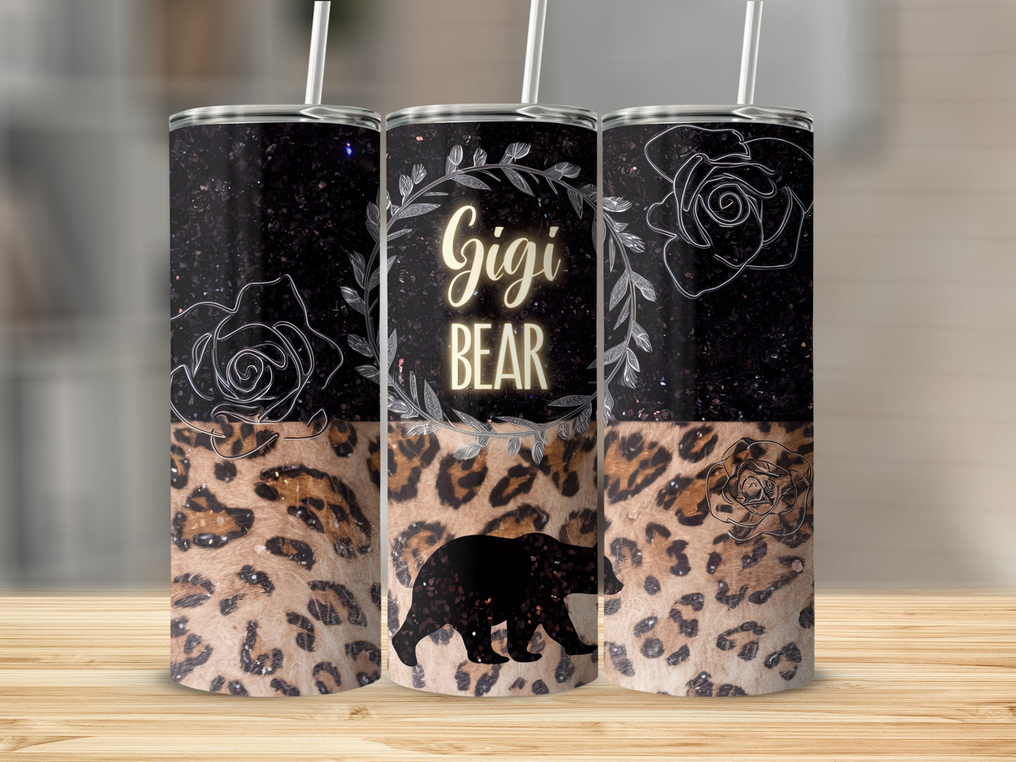 Gigi Bear tumbler with leopard print and floral accents.