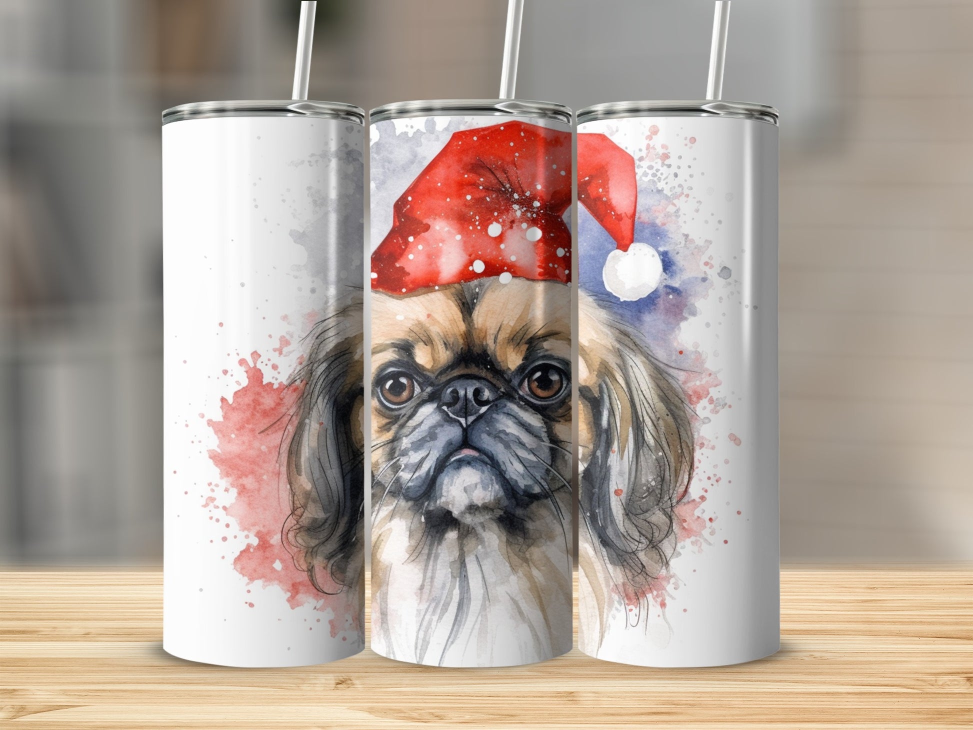 Watercolor Pekingese wearing a Santa hat on a tumbler.