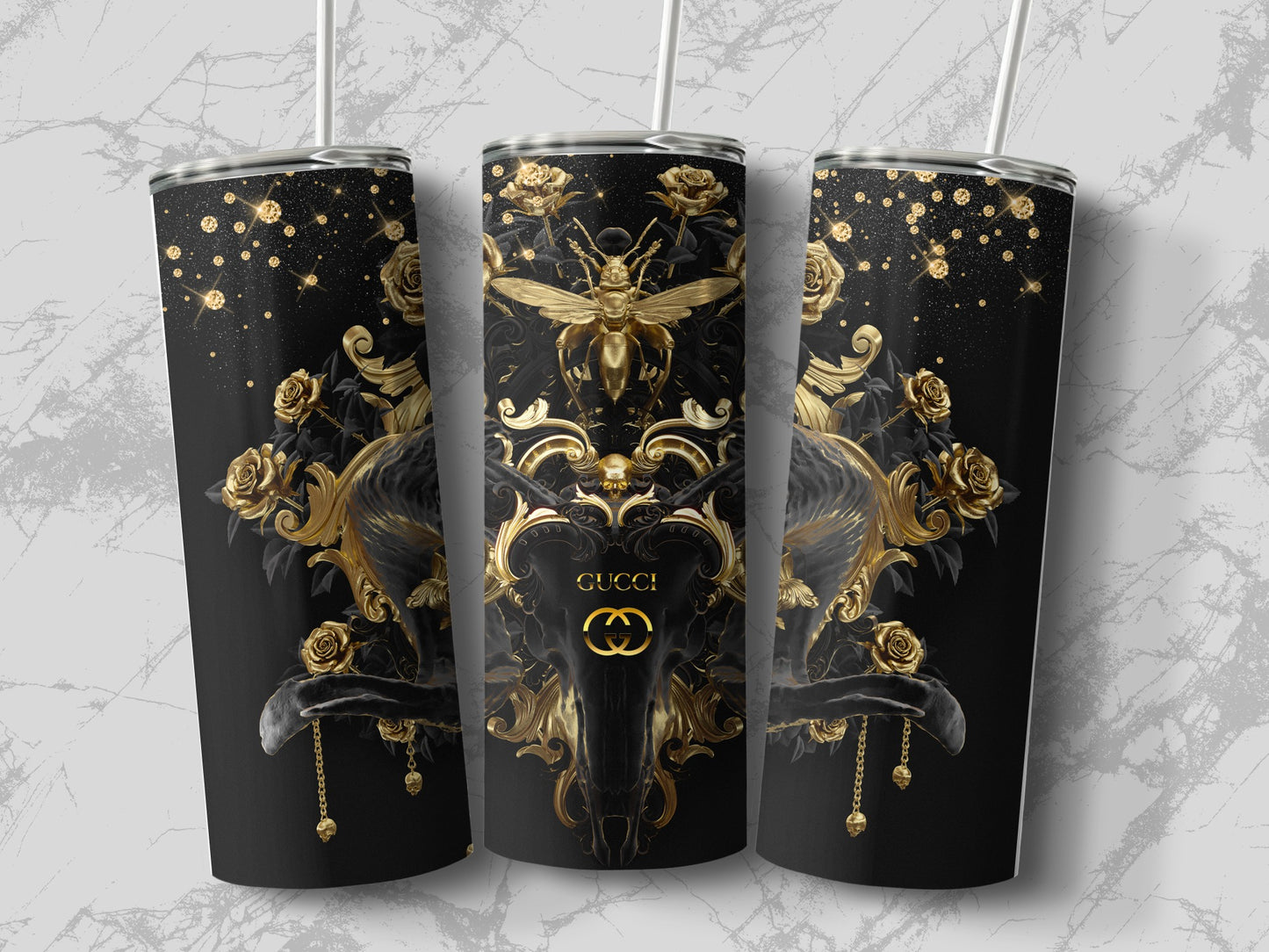 Gucci Inspired Gold Floral Art Stainless Steel Tumbler