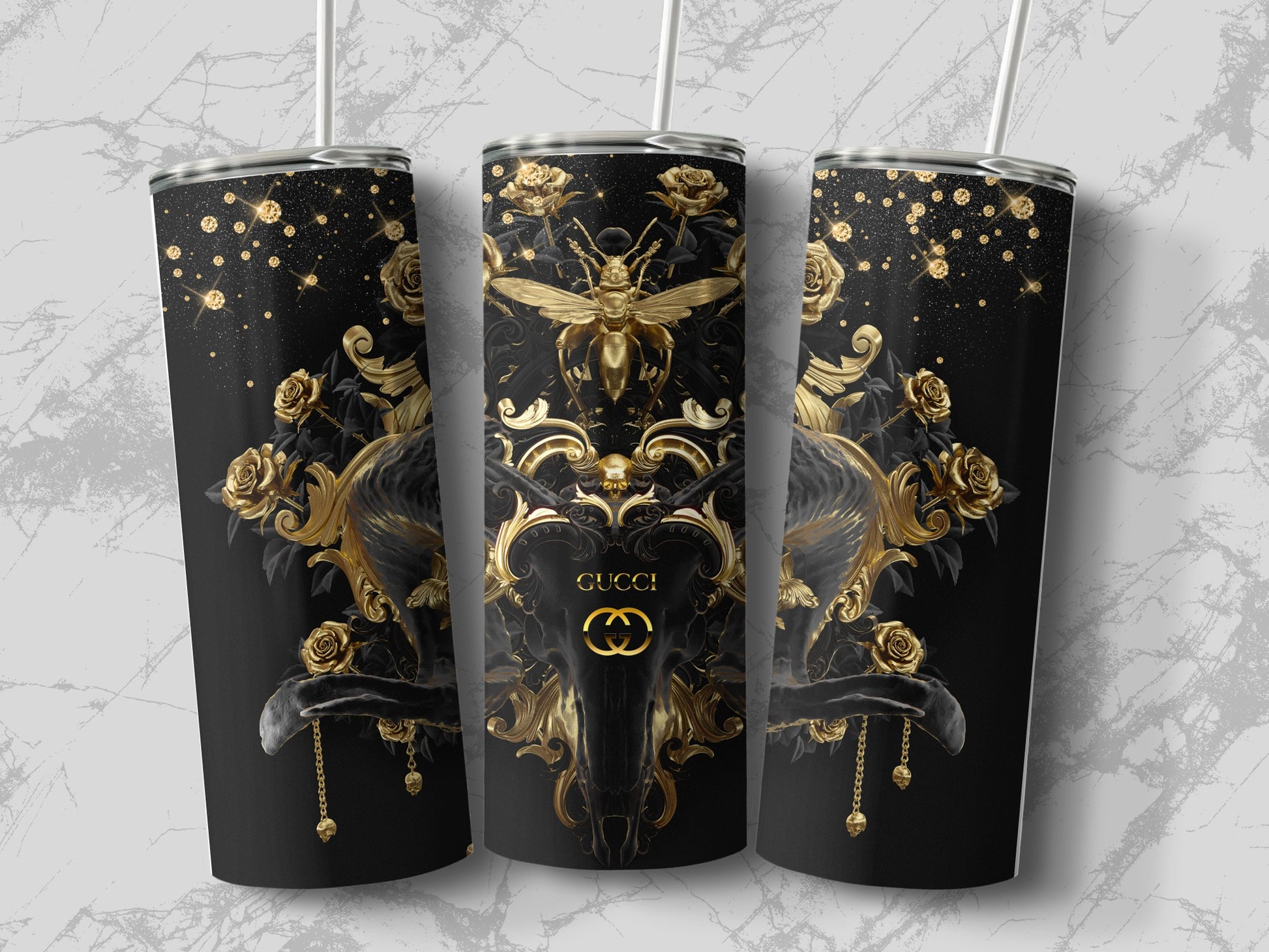 Gucci Inspired Gold Floral Art Stainless Steel Tumbler