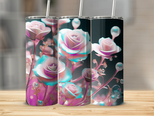 Three tumblers with pink and blue roses and glitter accents.