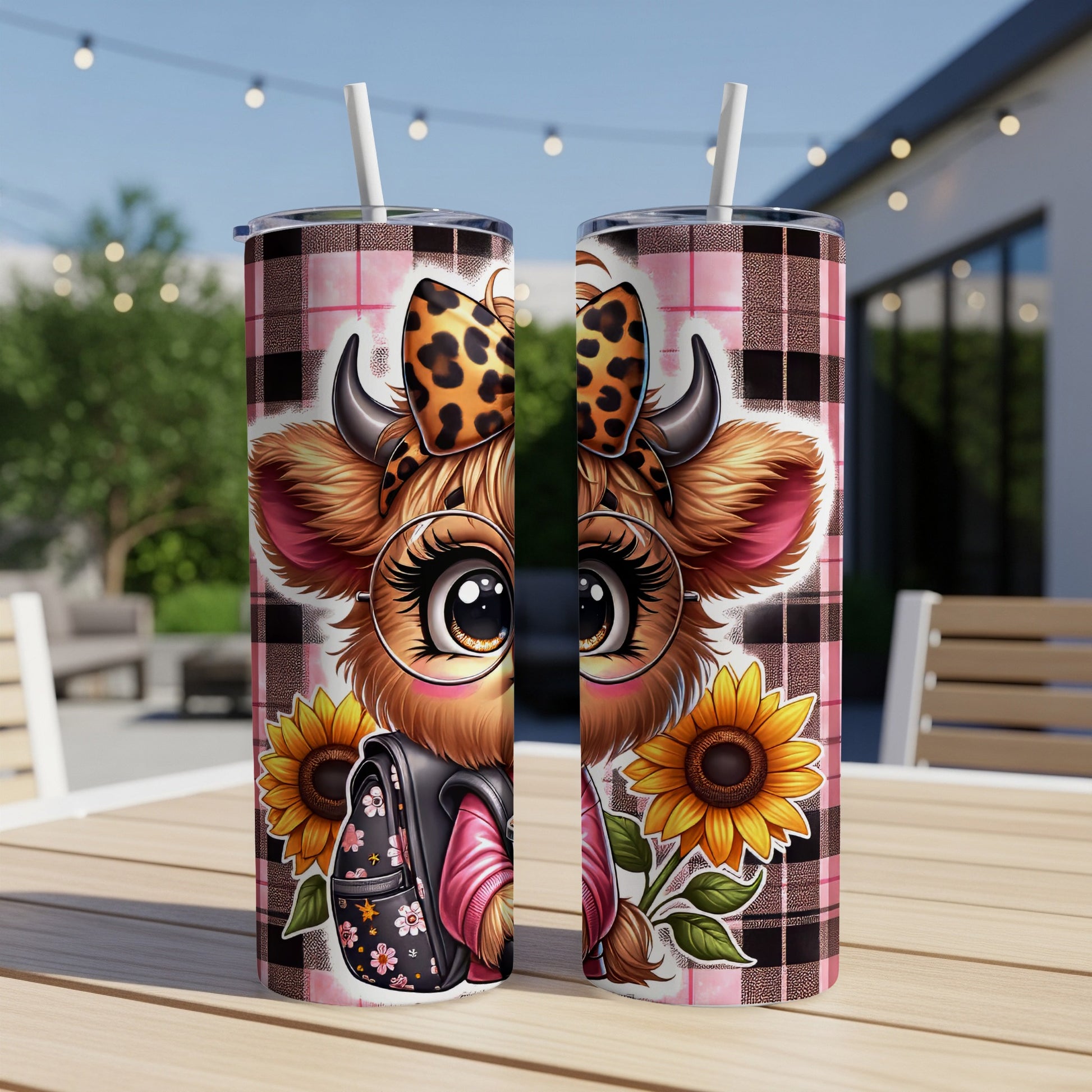 Cartoon cow with sunflowers and backpack on pink plaid tumbler.