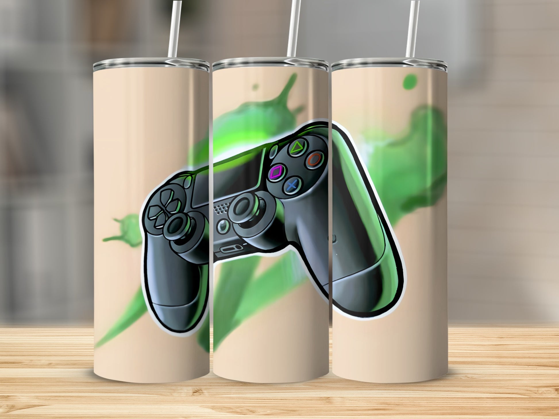 Gaming controller design with green splatter on a beige background.