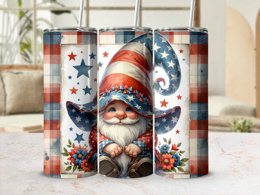 Gnome with American flag hat and plaid pattern on tumbler.