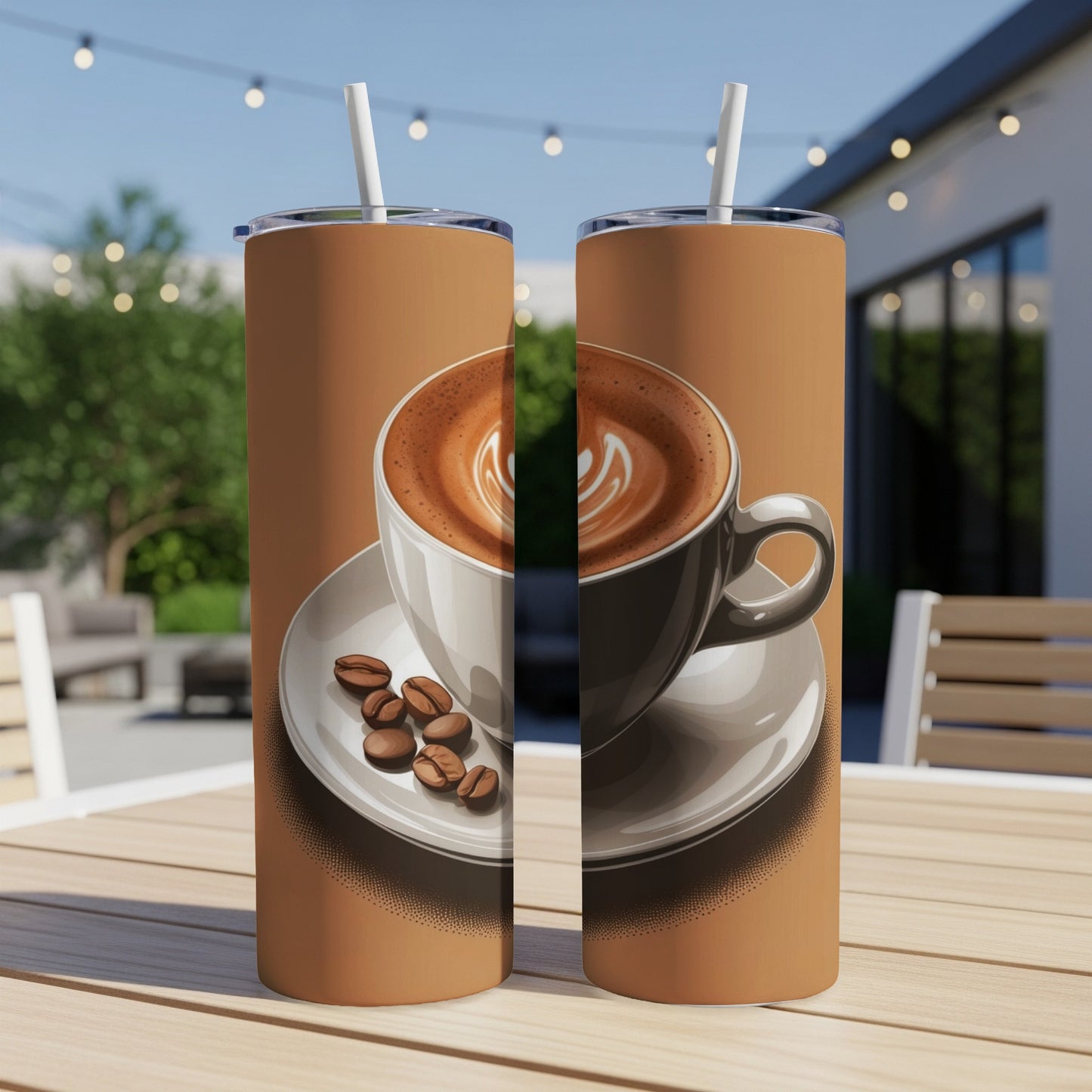 Two coffee tumblers with latte art and coffee beans on a saucer.