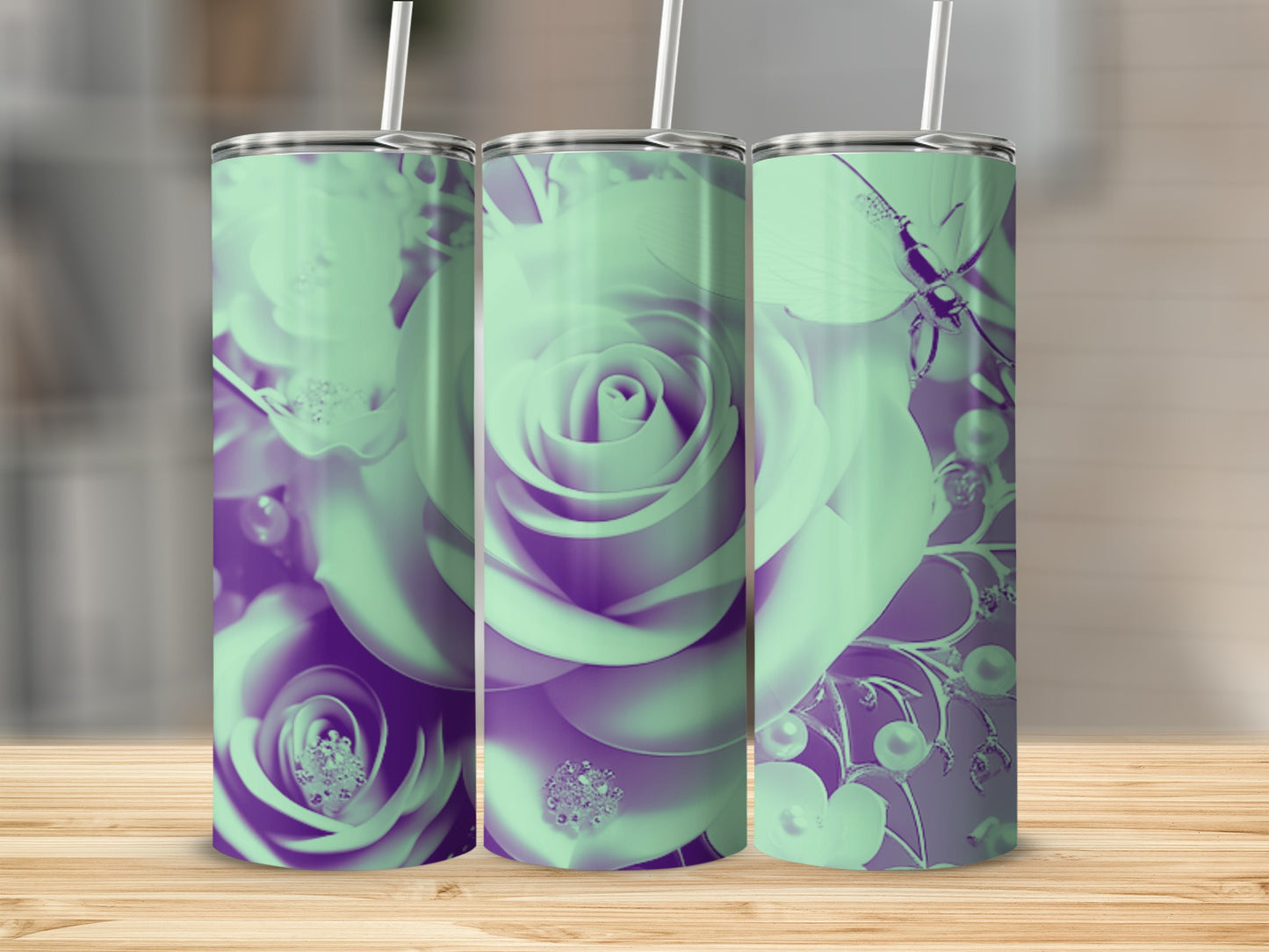 Three tumblers with a purple rose and butterfly design.