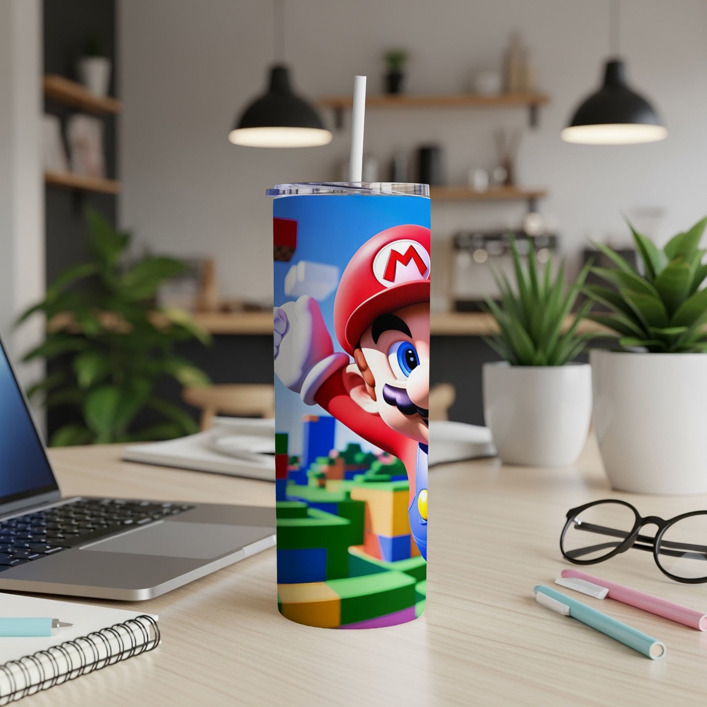 Mario character on a tumbler with a colorful pixelated background.