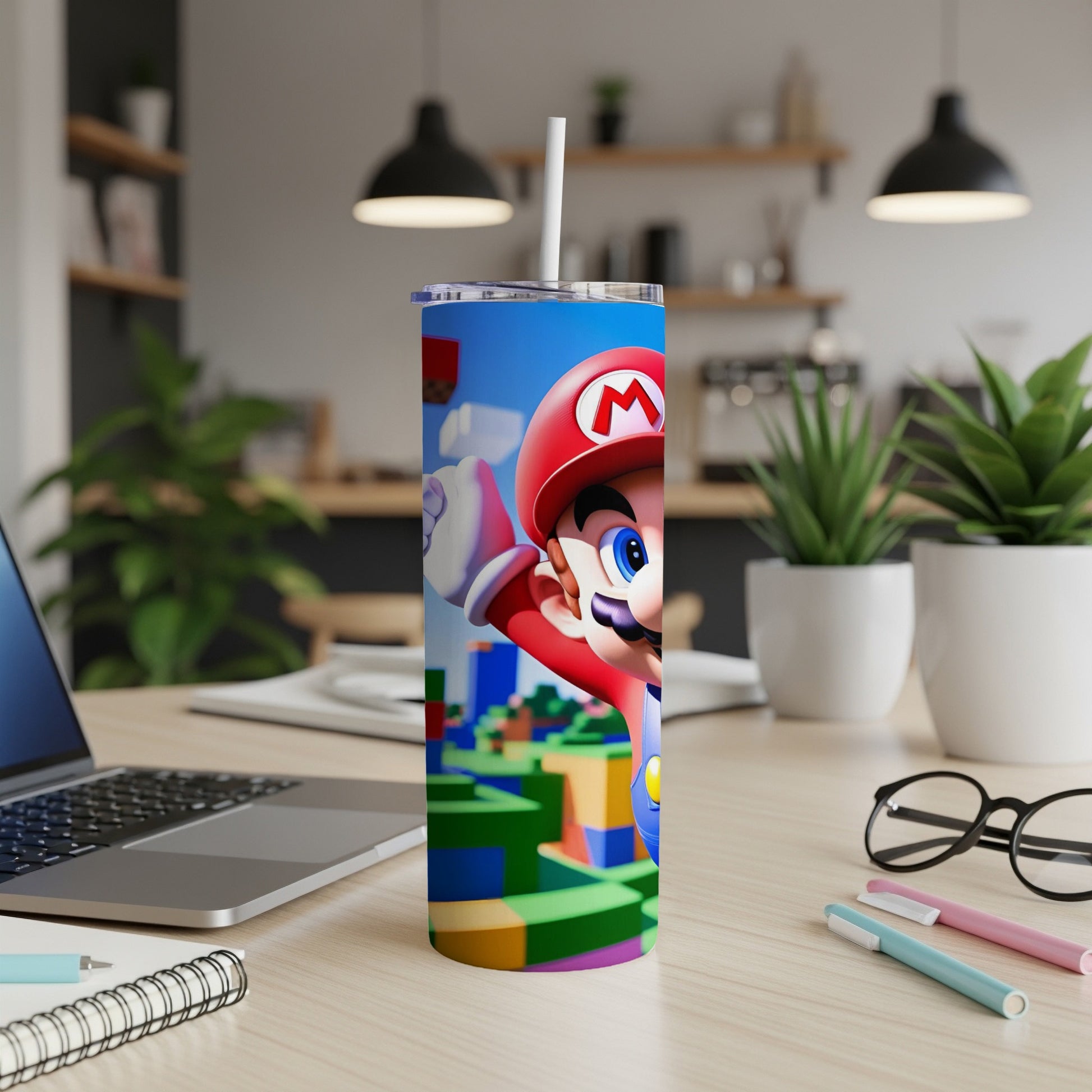 Mario character on a tumbler with a colorful pixelated background.