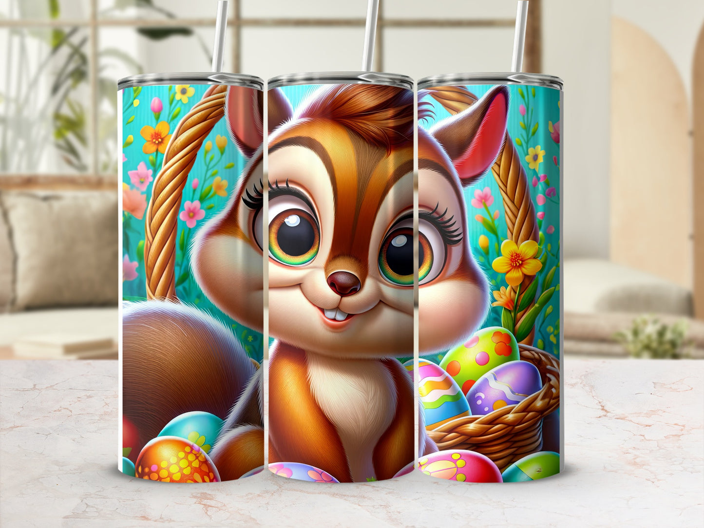 Cute cartoon squirrel with Easter eggs in a basket and floral background.