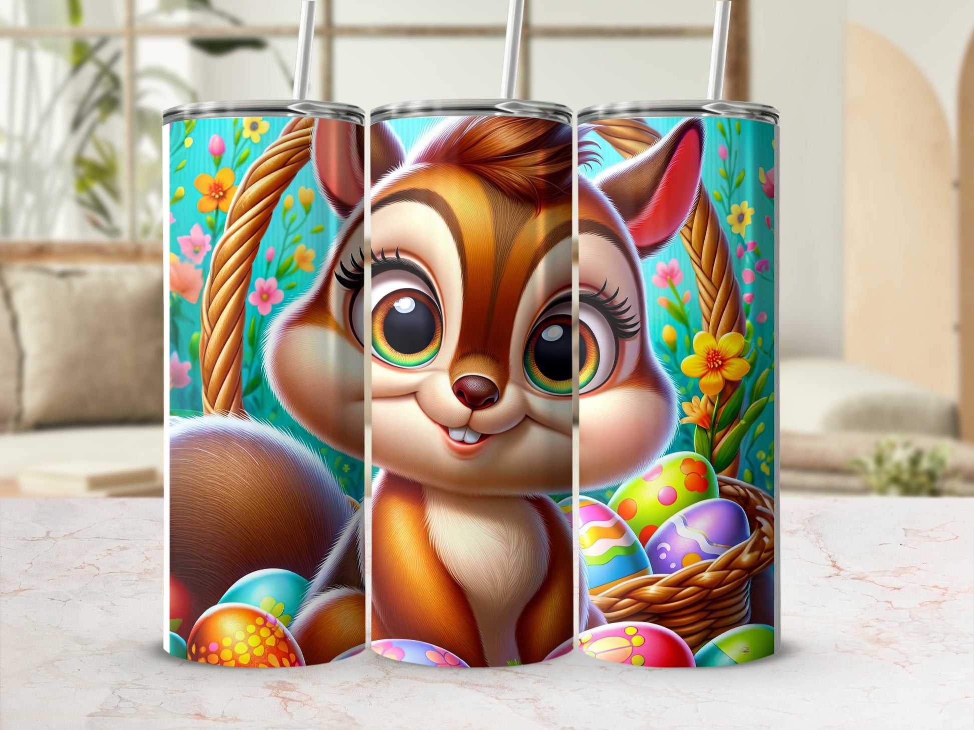 Cute cartoon squirrel with Easter eggs in a basket and floral background.