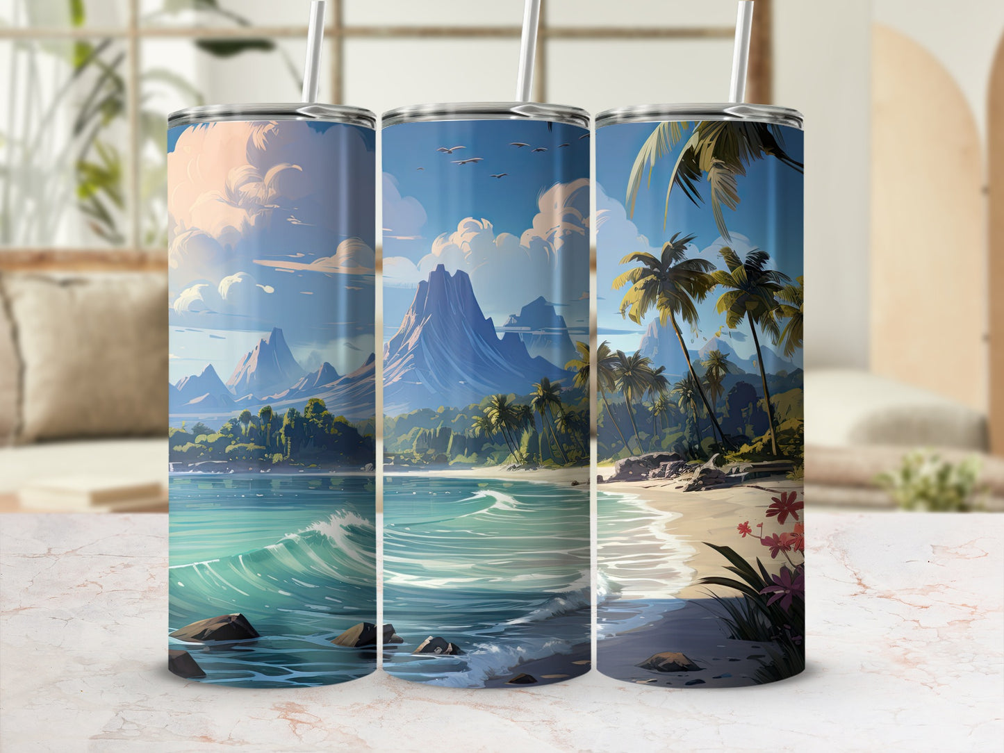 Tropical Beach and Ocean Scenic Illustration Tumbler
