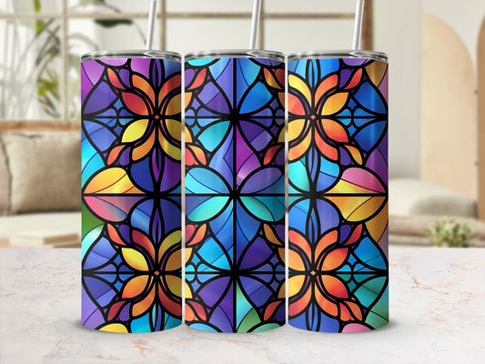 Three tumblers with a stained glass floral pattern.