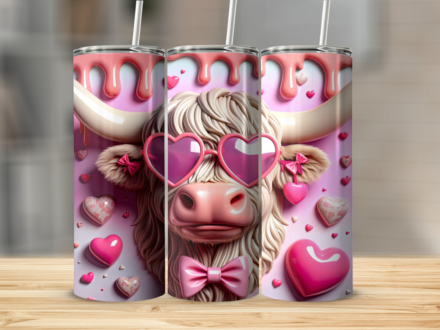 Pink Highland cow with heart sunglasses and bow tie on a tumbler.