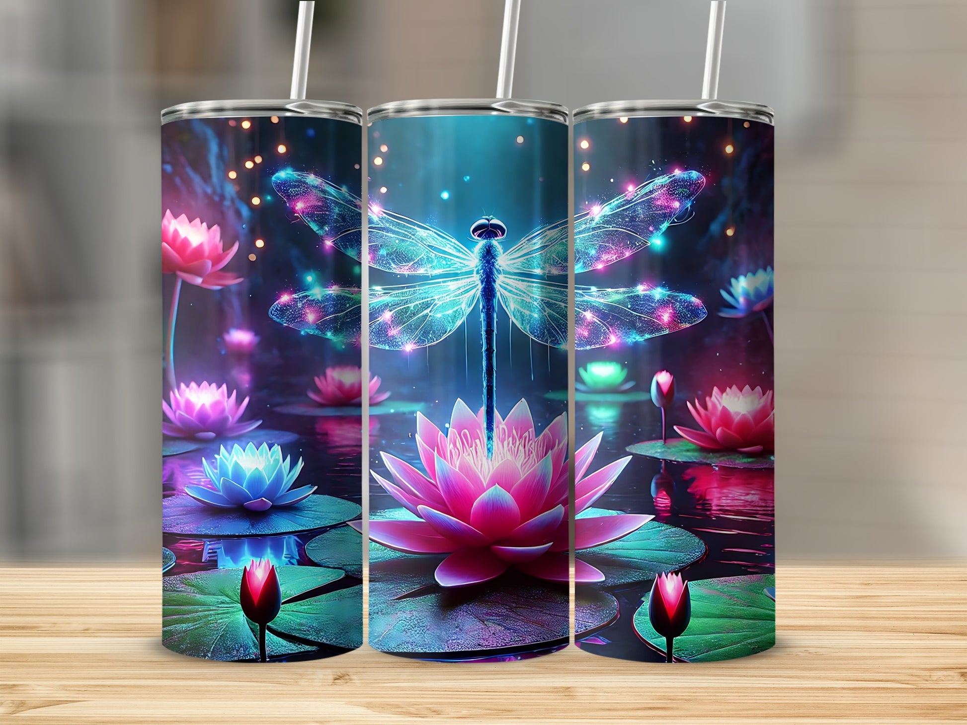 Luminescent Dragonfly Vibrant Lotus Flowers Glowing product type