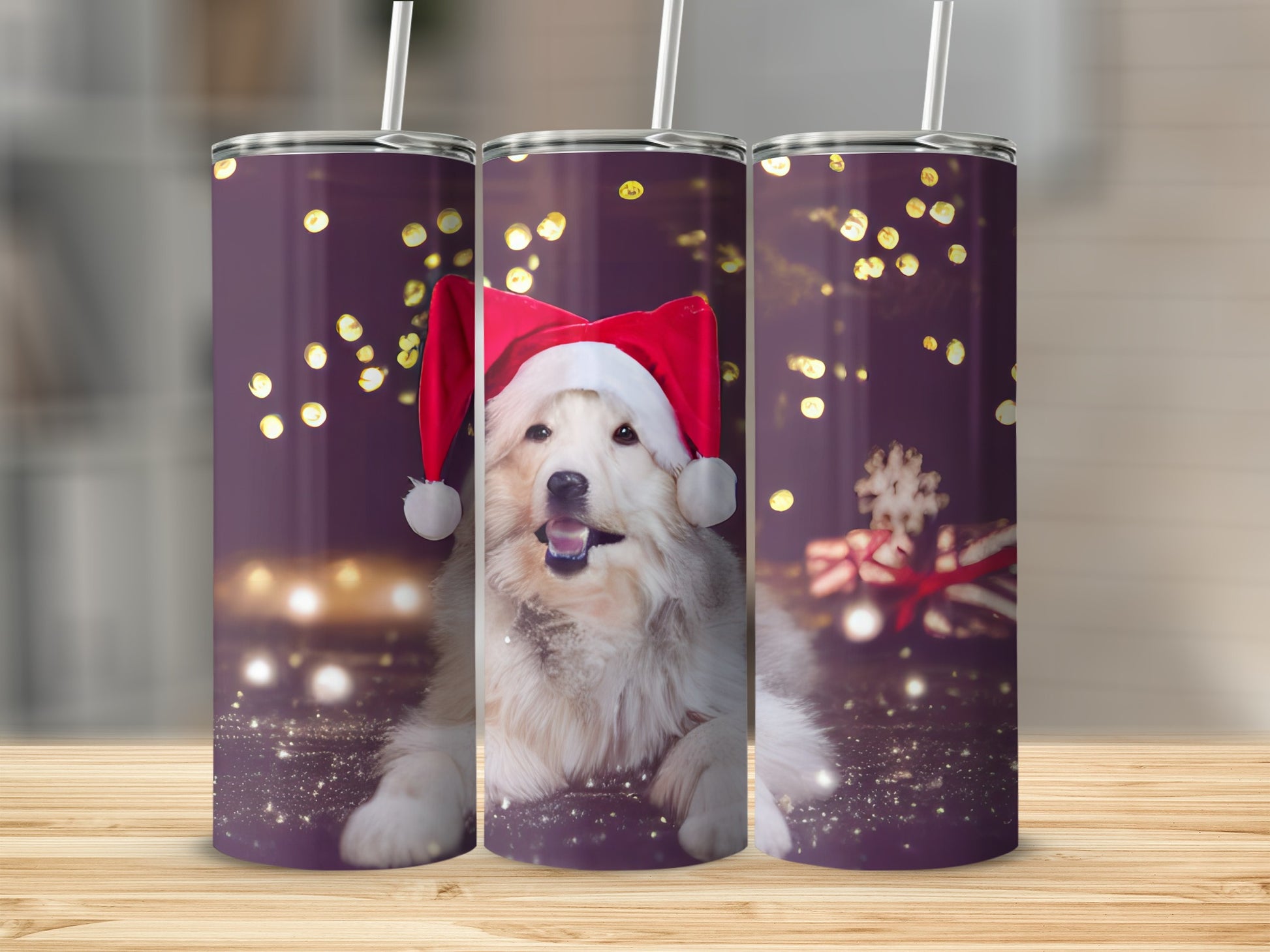 Fluffy white dog wearing a Santa hat, with festive bokeh lights.