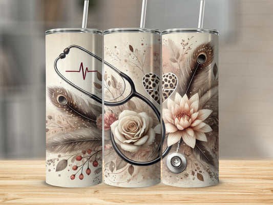 Three tumblers with stethoscope, floral, and feather designs.