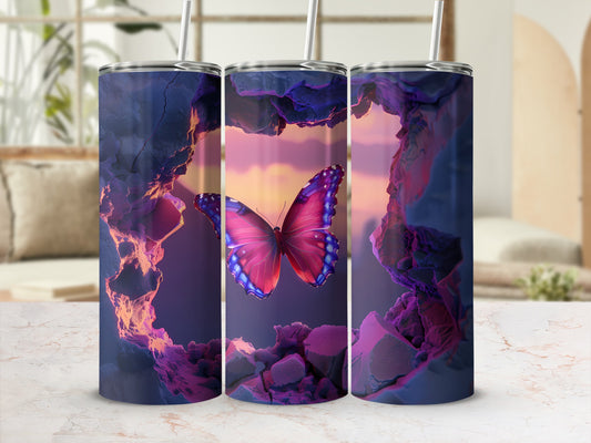 Purple and pink butterfly on a rocky, surreal landscape tumbler.