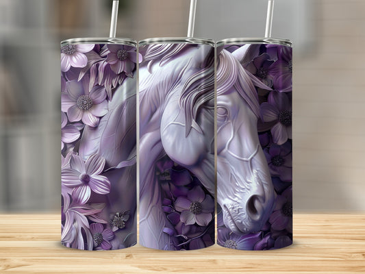 Three tumblers with embossed purple horses and floral designs.