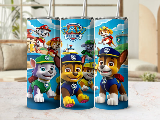 Paw Patrol characters on blue tumblers with straws, featuring Chase, Marshall, and Skye.