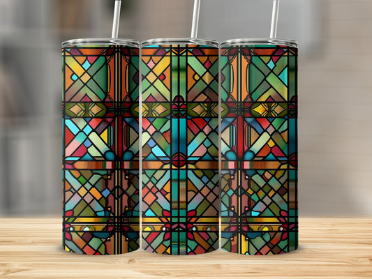 Three tumblers featuring a stained glass pattern of geometric shapes in multicolor.