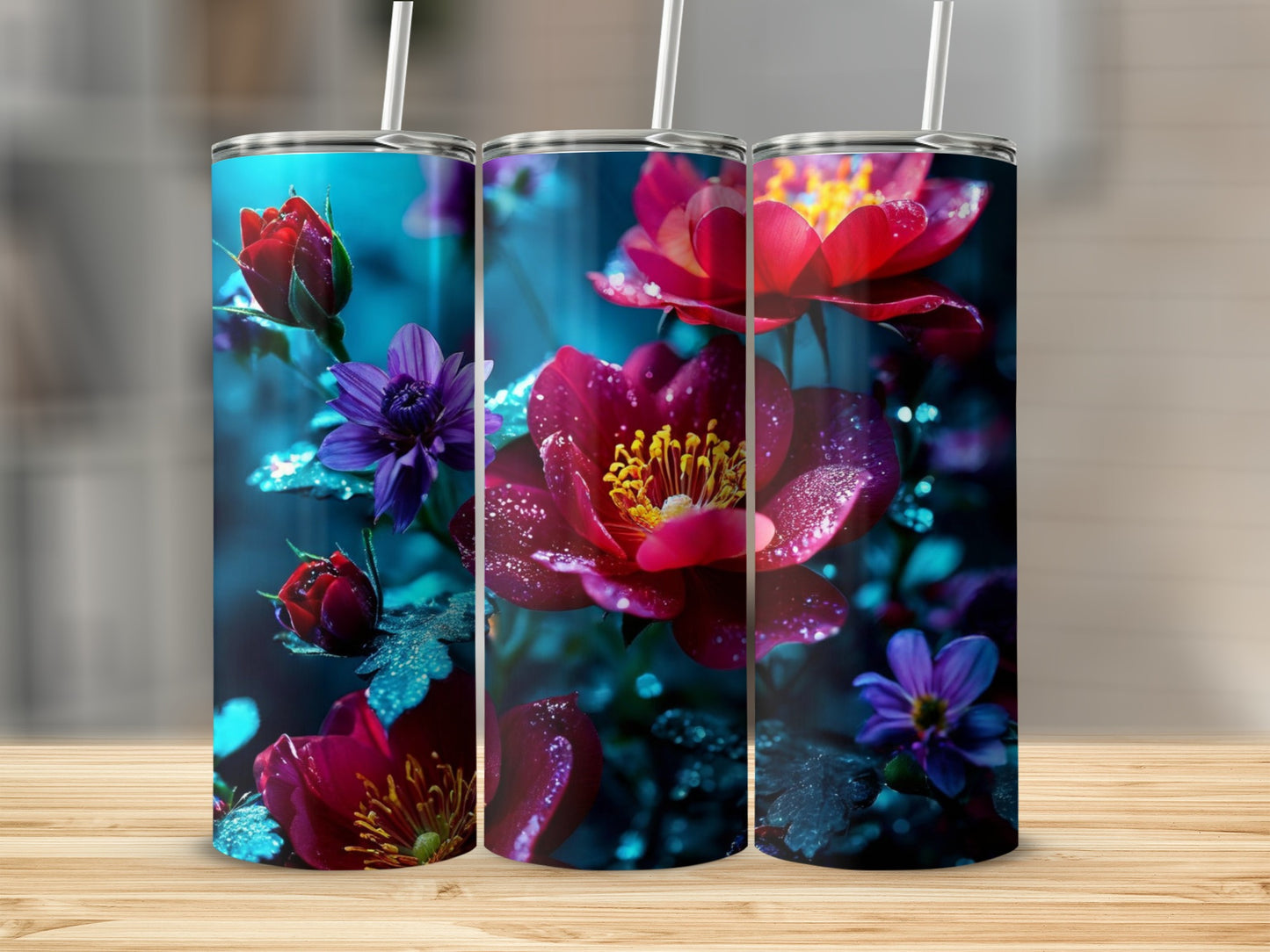 Three tumblers featuring a close-up of red and purple flowers with water droplets.