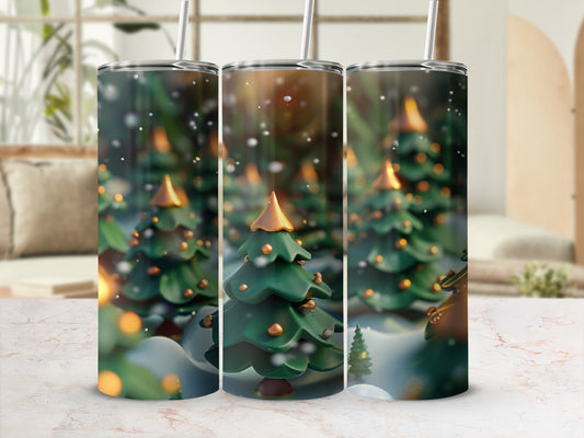 Triptych of tumblers with a winter forest and Christmas trees design.