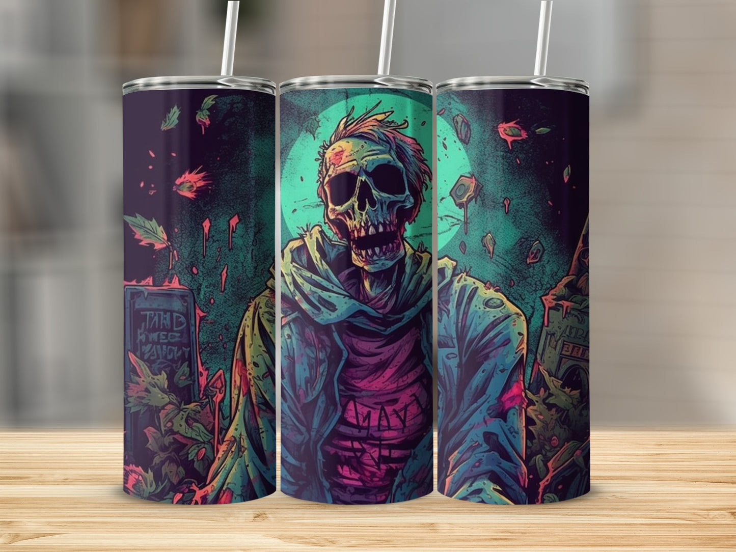 Three tumblers with a zombie graveyard design, featuring a zombie and spooky elements.
