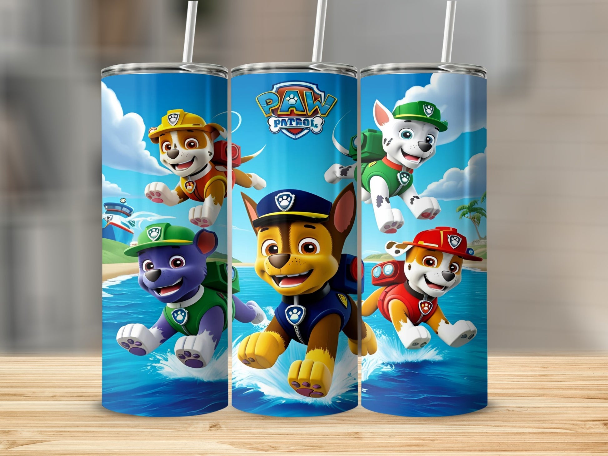 Paw Patrol characters Chase, Marshall, Rubble, and Skye running on water.