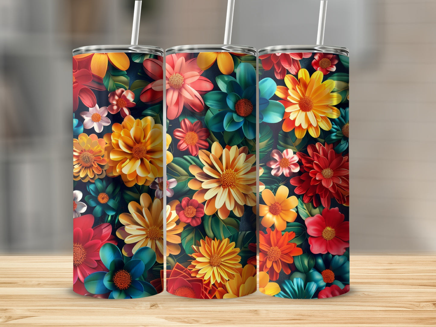 Three tumblers with a vibrant, dark floral pattern and white straws.