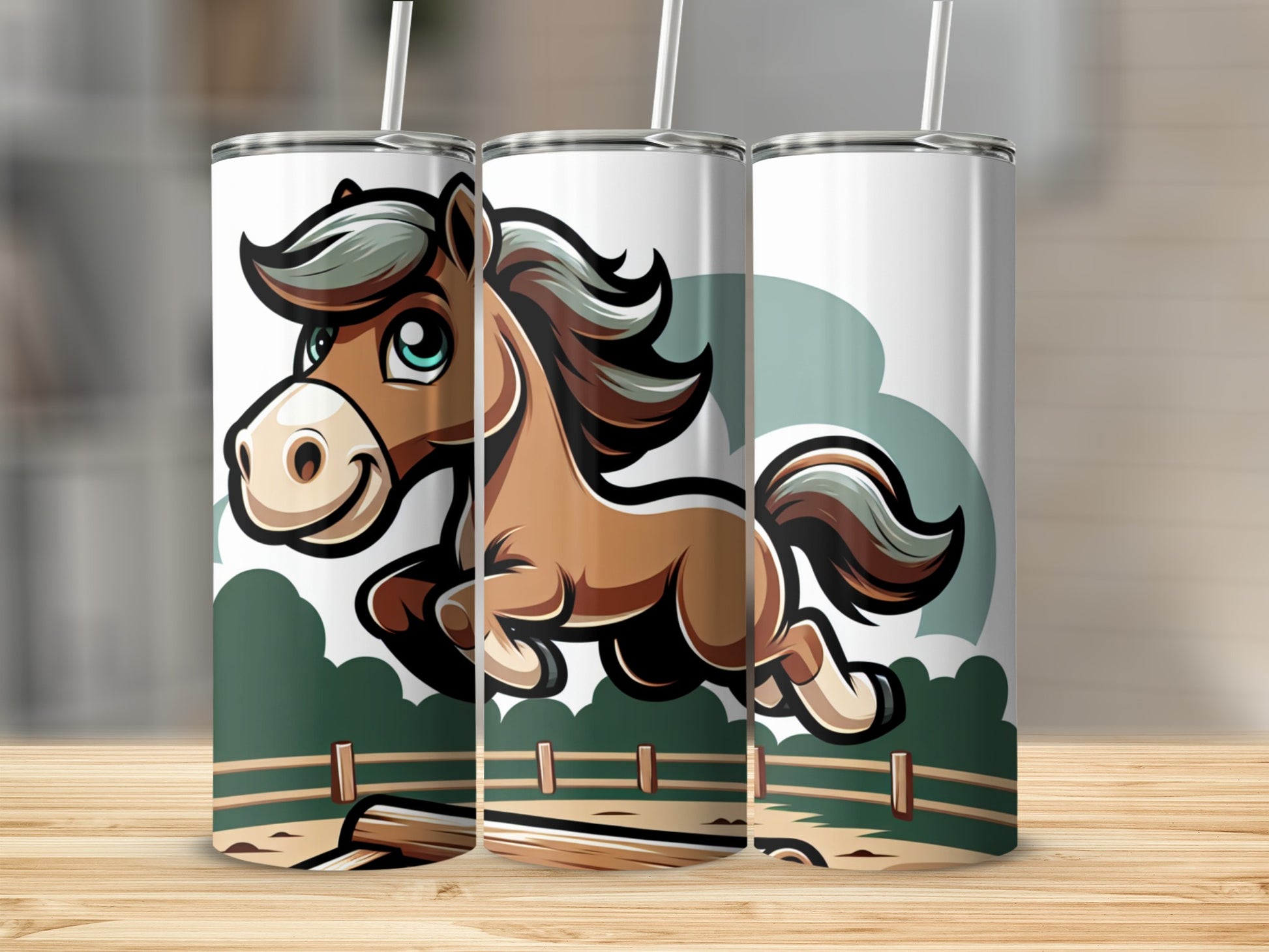 Brown cartoon horse galloping in front of green bushes and a wooden fence.