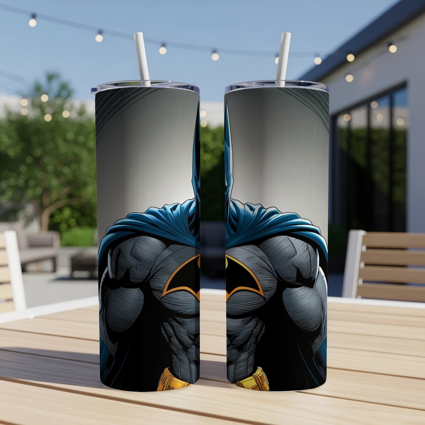 Two tall tumblers featuring Batman's back and yellow bat symbol.