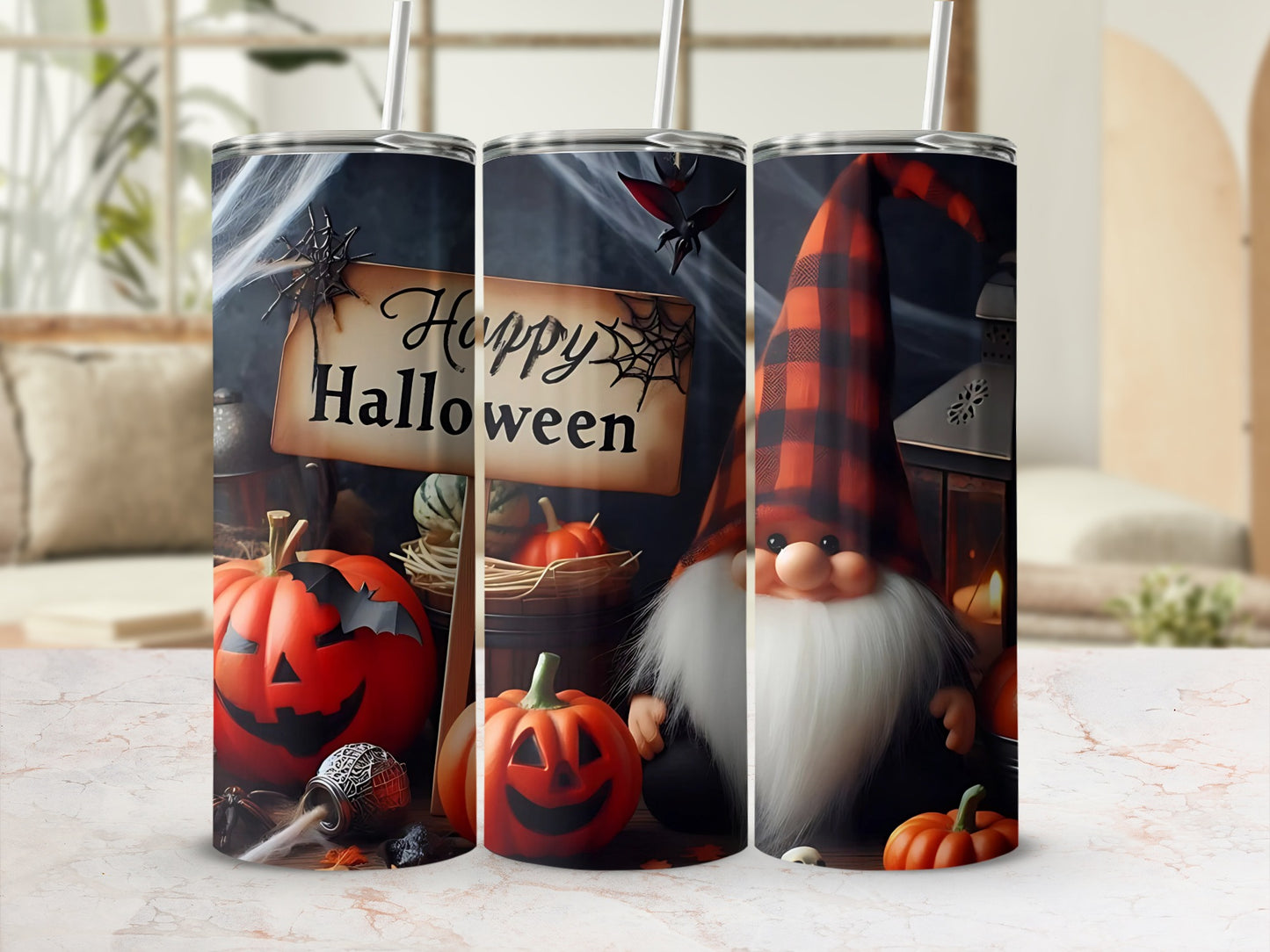 Halloween tumbler with pumpkins, a gnome, and "Happy Halloween" sign.