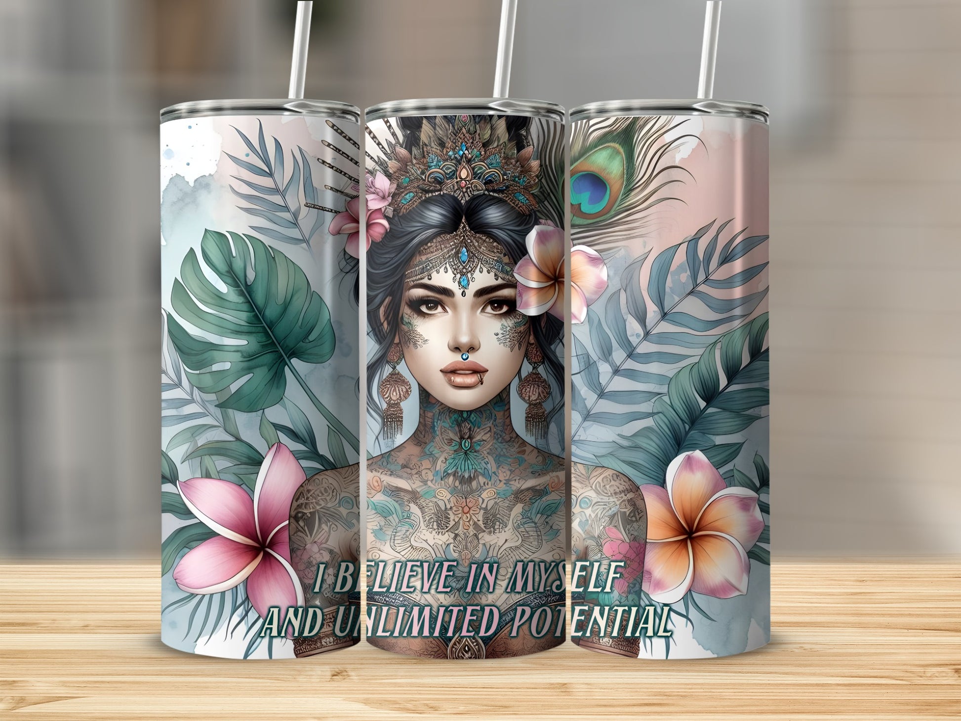 Tattooed woman with crown and peacock feathers, text "I BELIEVE IN MYSELF AND UNLIMITED POTENTIAL."