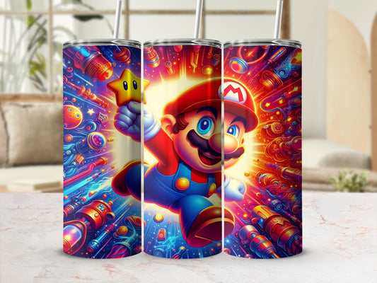 Super Mario holding a Starman, surrounded by colorful, retro game graphics.