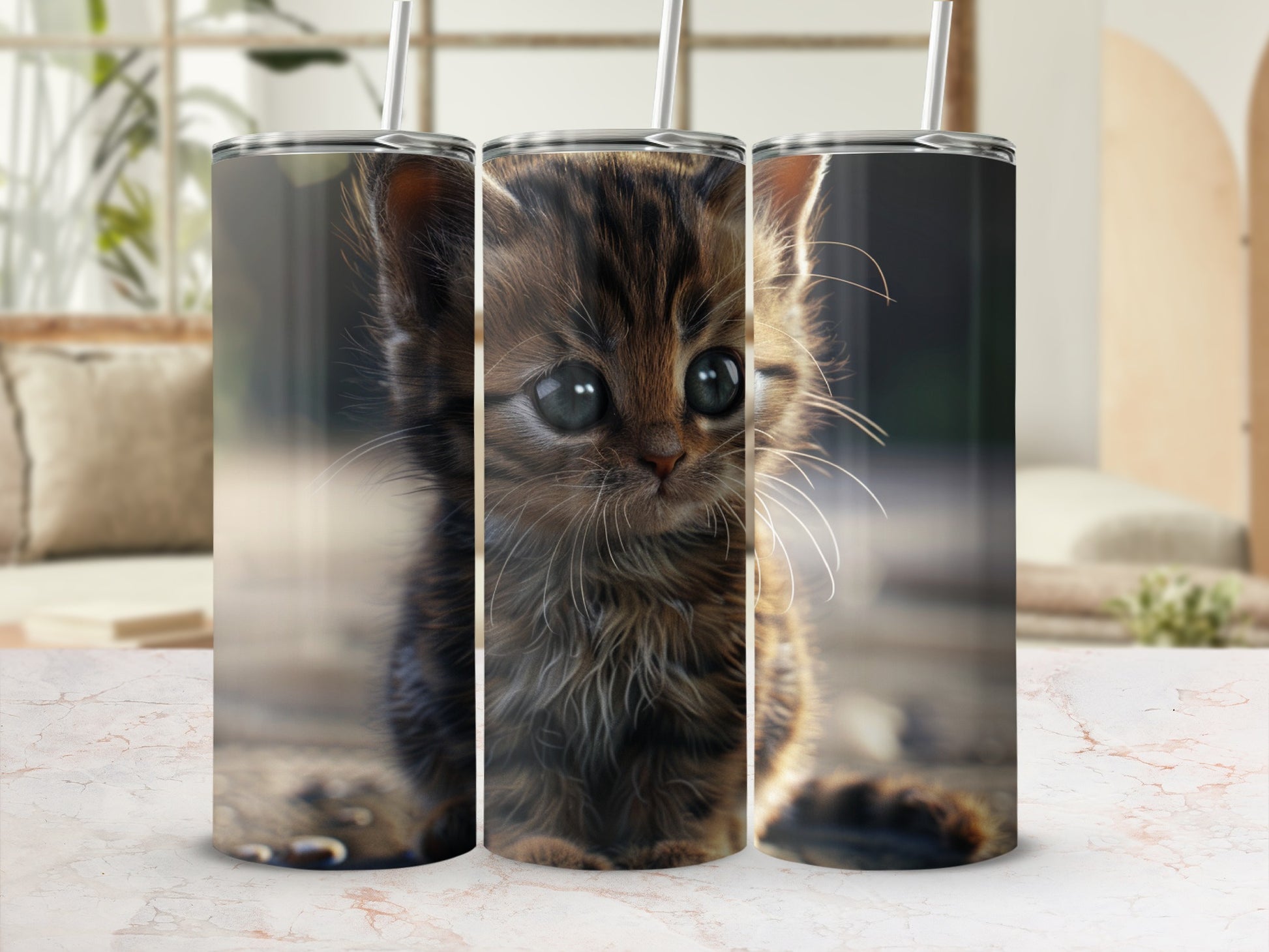Close-up of a fluffy kitten with large eyes, viewed through three tumbler wraps.