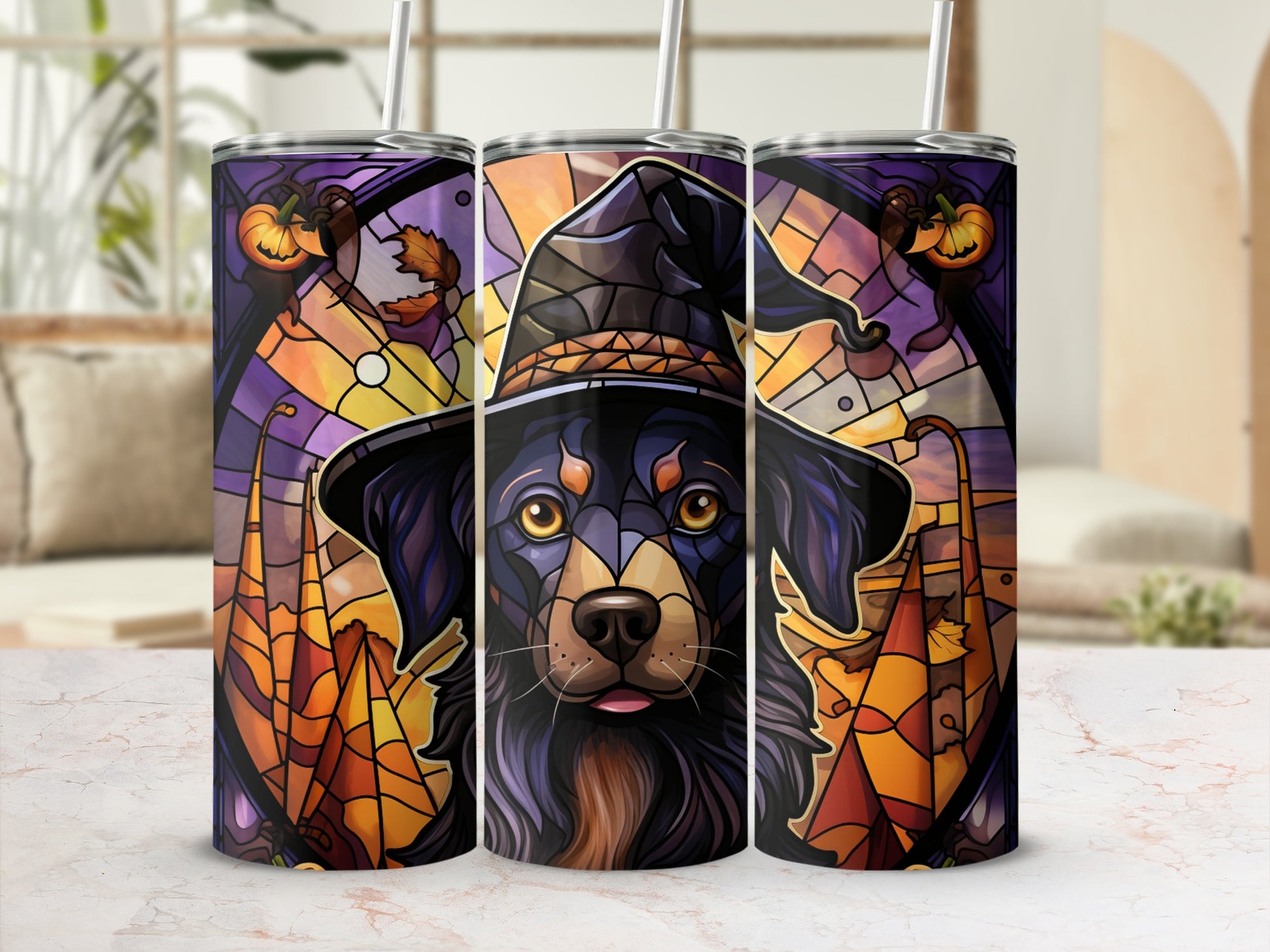 Triptych of a dog in a witch hat, with autumn leaves, on tumblers.