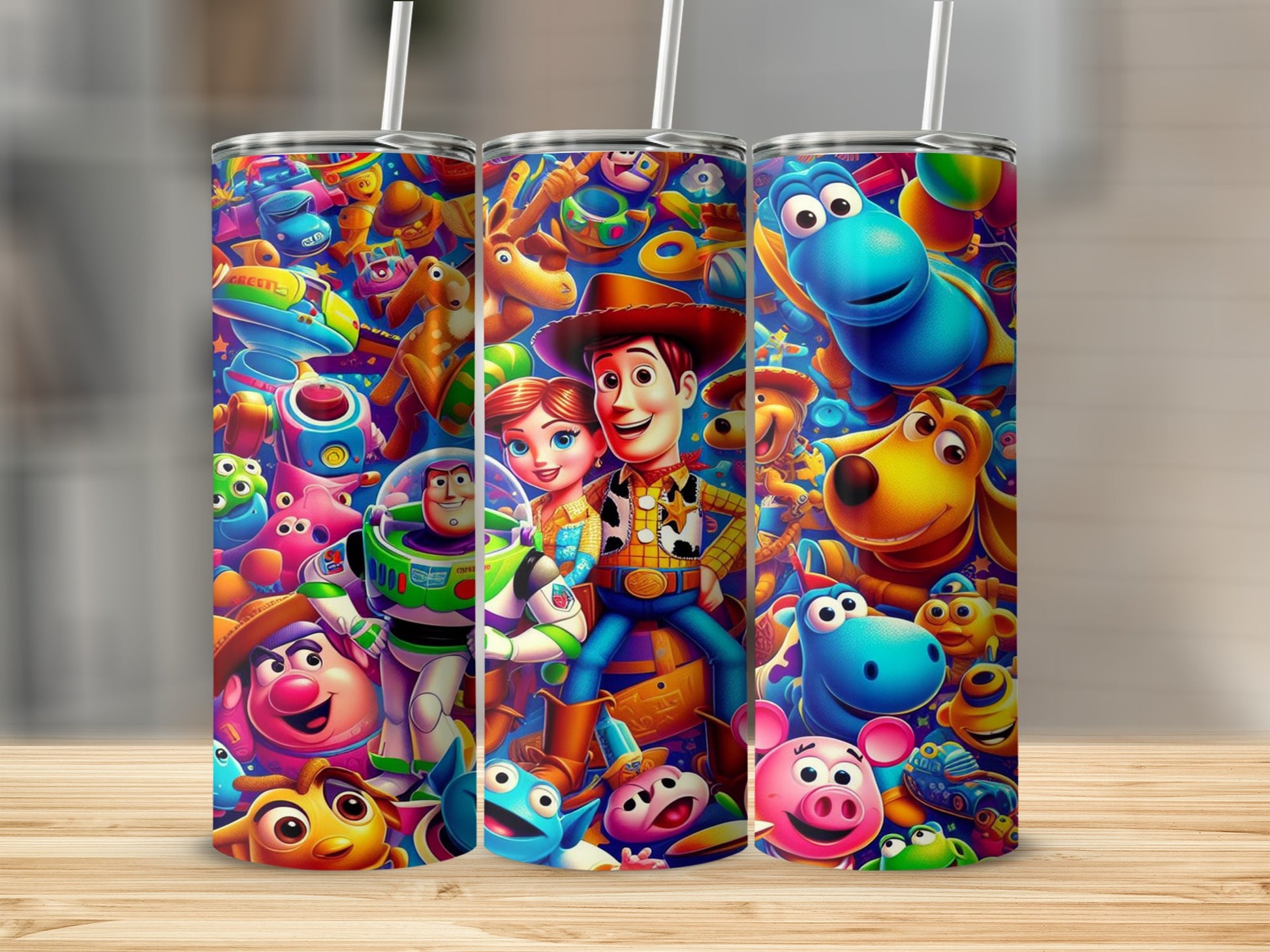 Toy Story characters Woody, Buzz Lightyear, and friends in colorful illustration on tumblers.