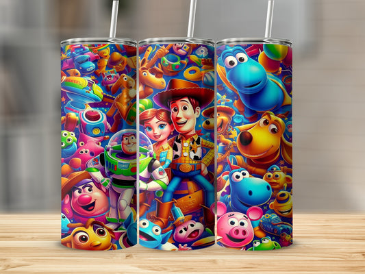 Toy Story characters Woody, Buzz Lightyear, and friends in colorful illustration on tumblers.