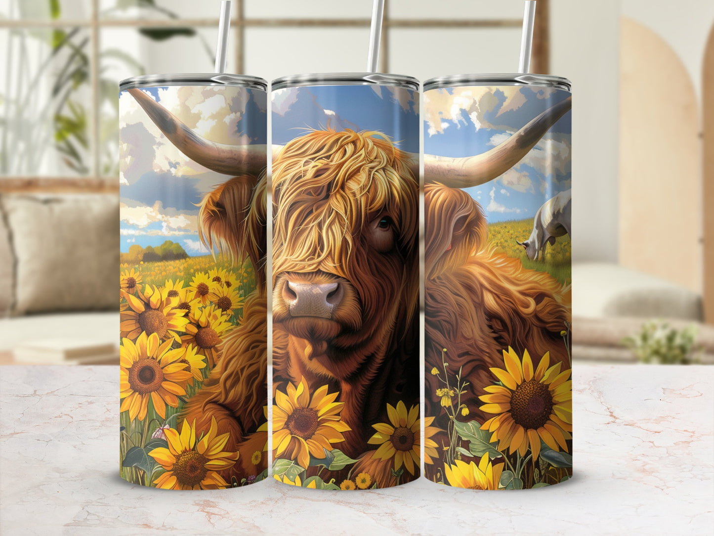 Highland cow with sunflowers and rural landscape on travel tumbler.