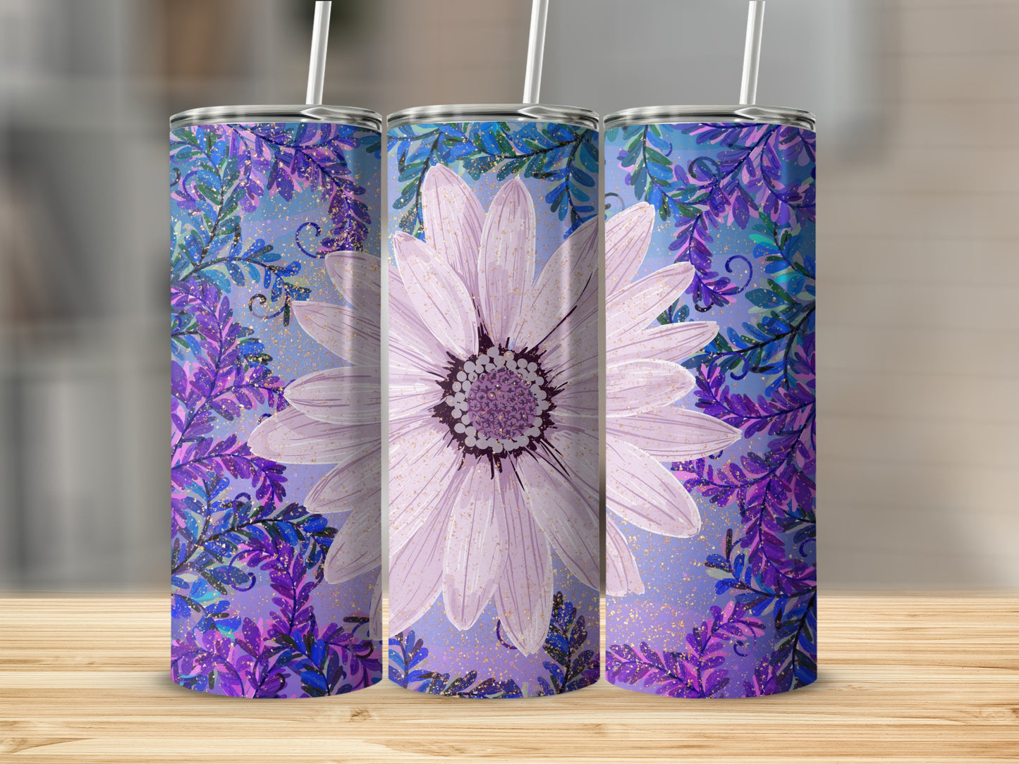 Purple Floral Design Insulated Tumbler with Straw