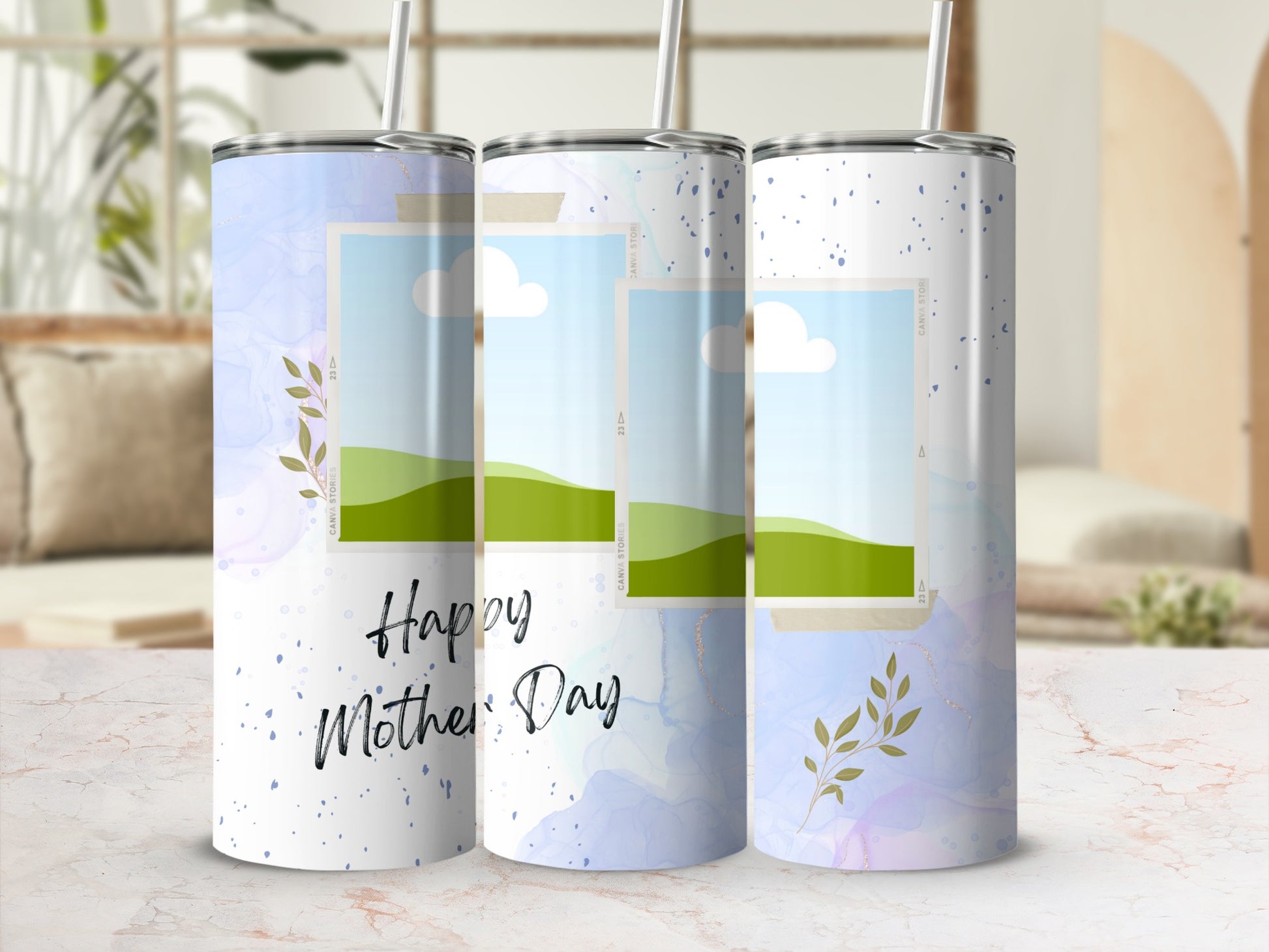 Three tumblers with "Happy Mother Day" text and floral accents.