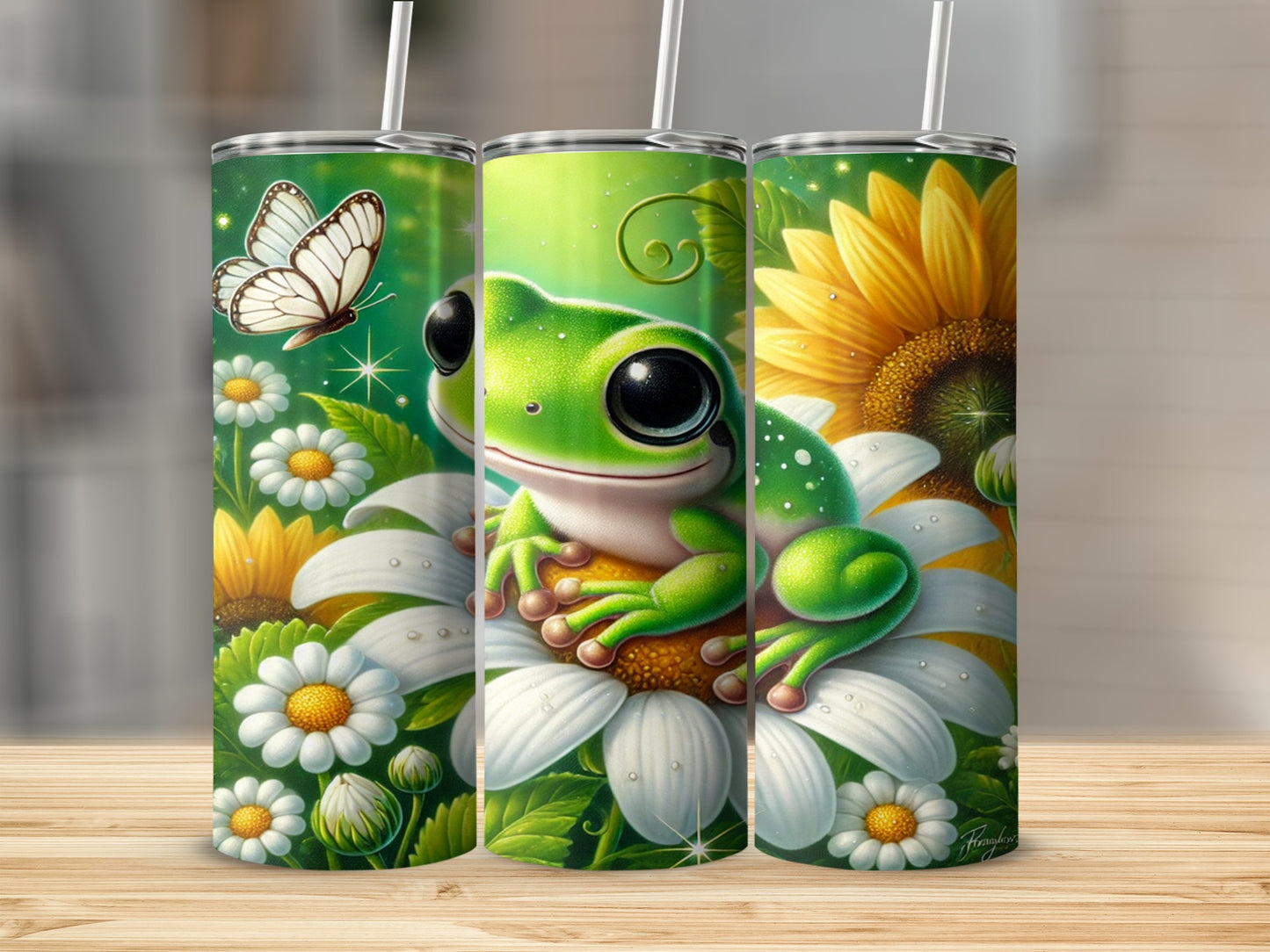 Cute Frog Butterfly and Flowers Design Tumbler