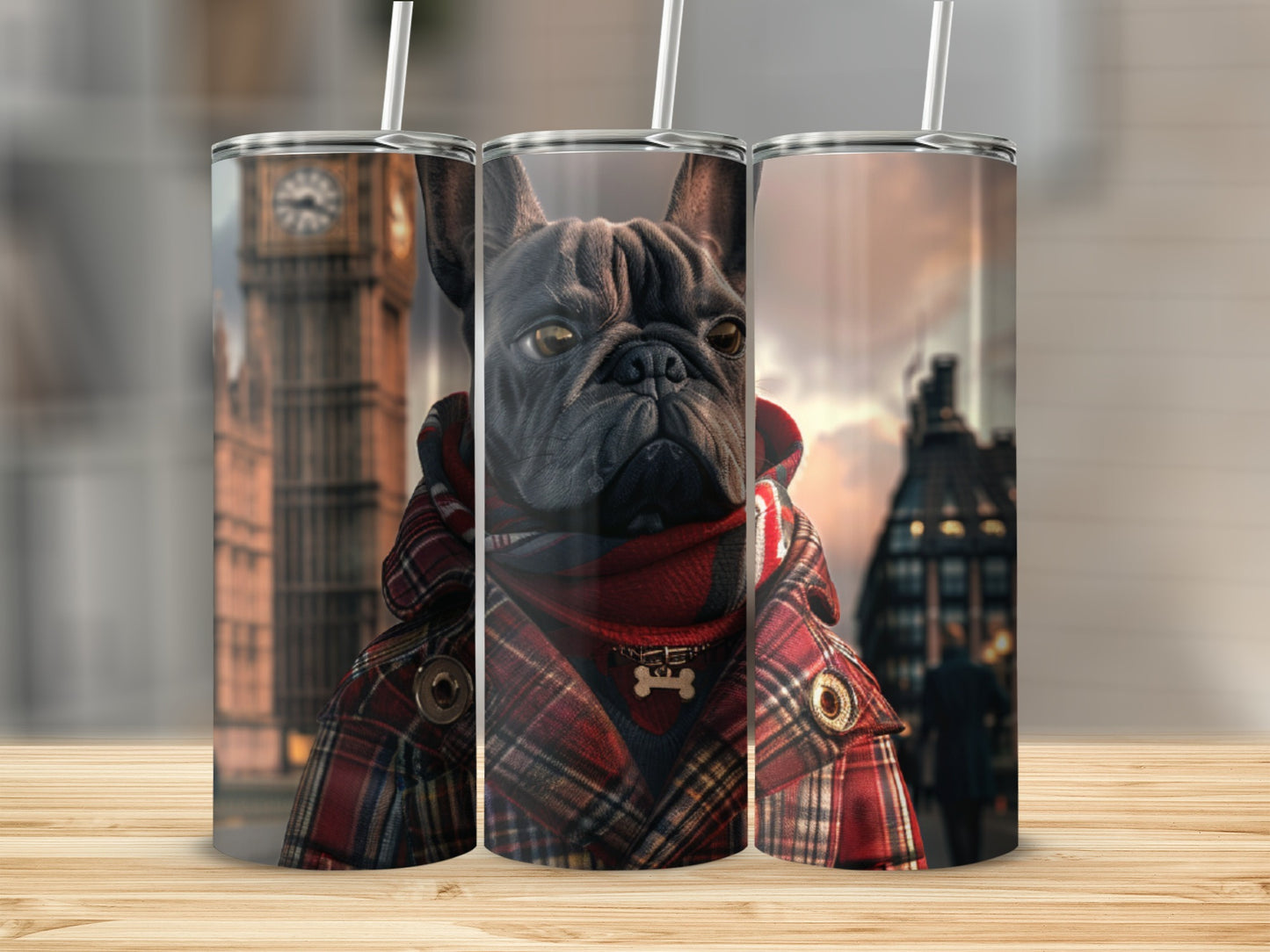 French bulldog wearing a plaid coat and scarf in front of Big Ben.