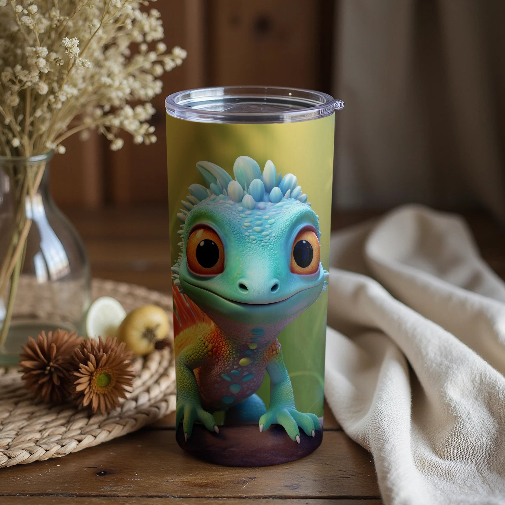 Cute Cartoon Chameleon Illustration on Travel Mug