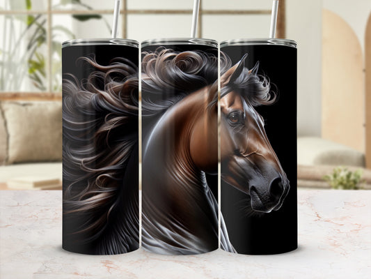 Triptych of a dark brown horse with flowing mane against a black background.