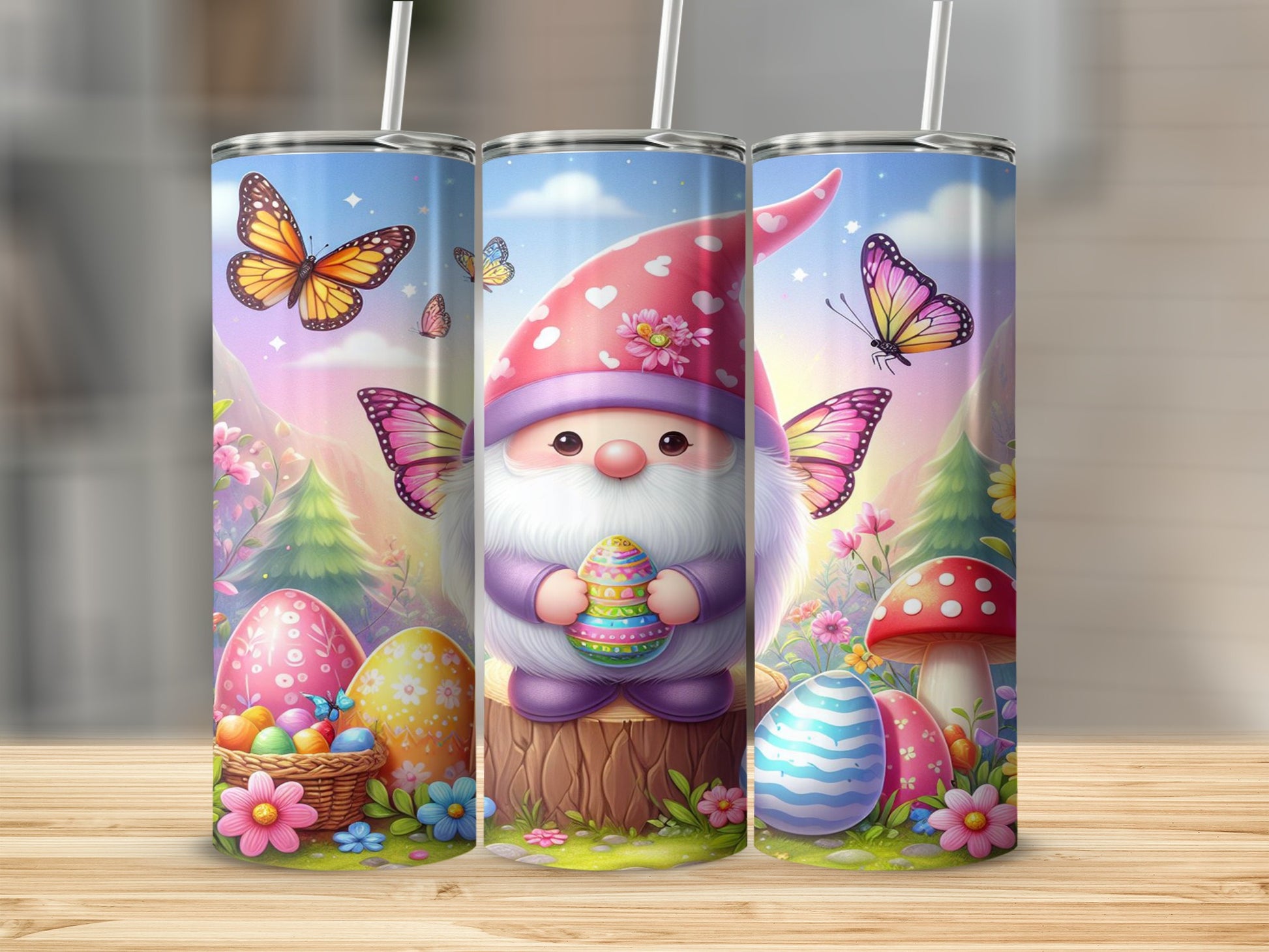 Easter gnome holding egg with butterflies and decorated eggs.