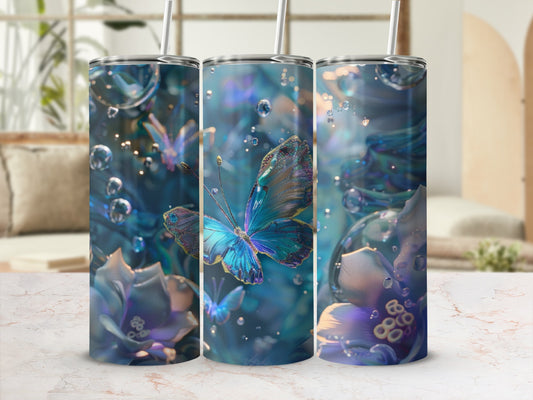 Blue butterfly and floral design with bubbles on a tumbler.