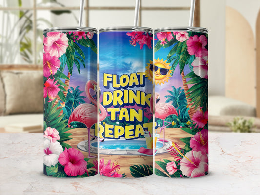 Flamingos, pool, palm trees, and text that reads "FLOAT DRINK TAN REPEAT".